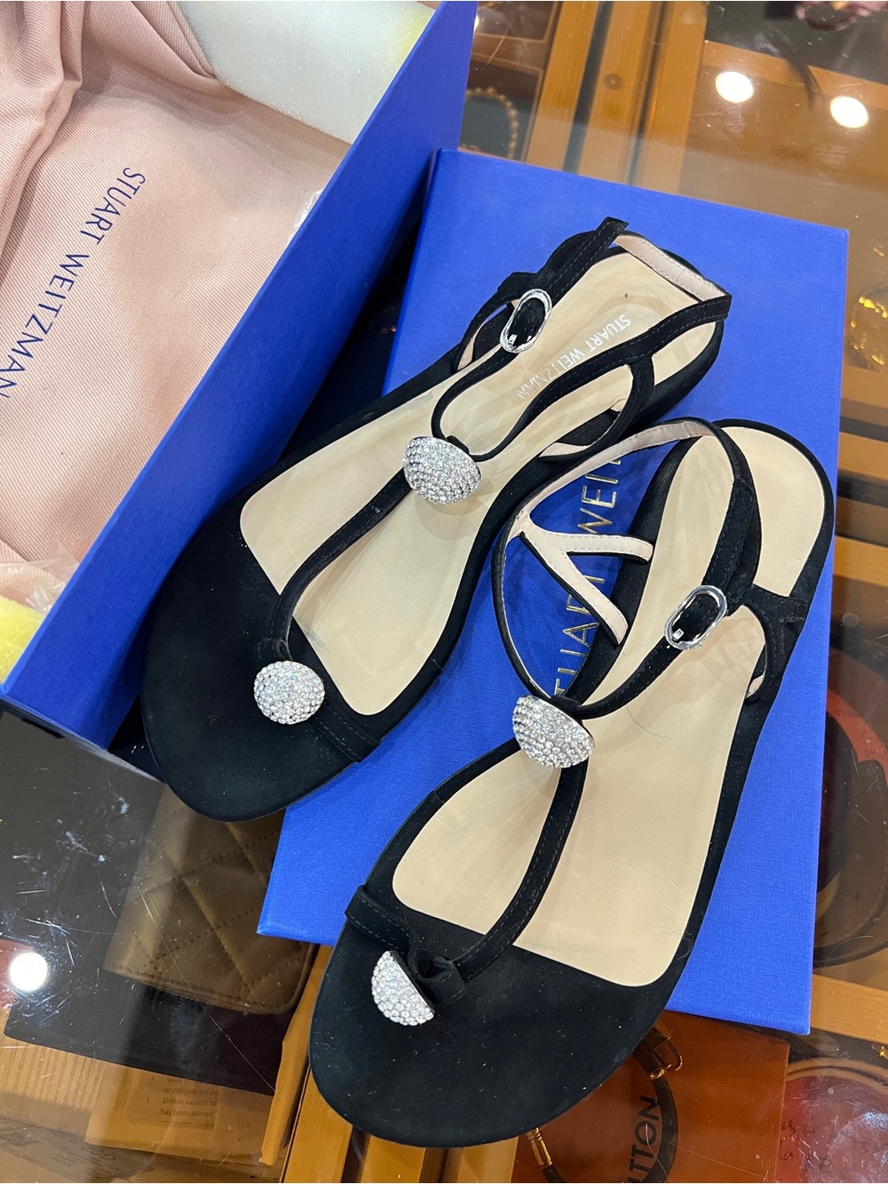 Stuart Weitzman Black Suede T‑Strap Sandals with Crystal Medallions
